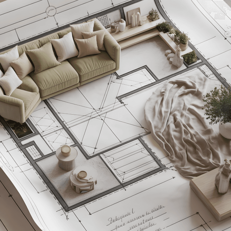Interior design 3D visualization on architectural blueprint